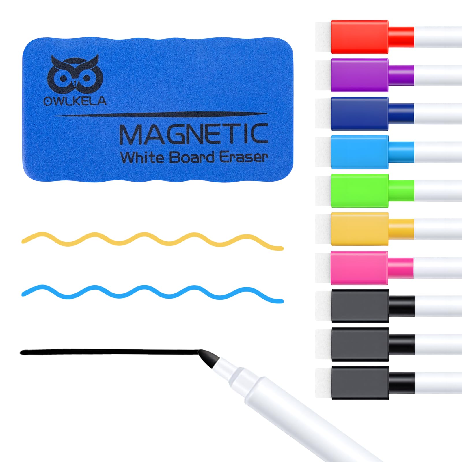 OWLKELA 10 Pcs Colorful Magnetic Erasable Markers for Whiteboard, Dry Erase Markers with Eraser, Low Odor Magnetic Eraser, White Board Markers for Office, Classroom, Home, 8 Color