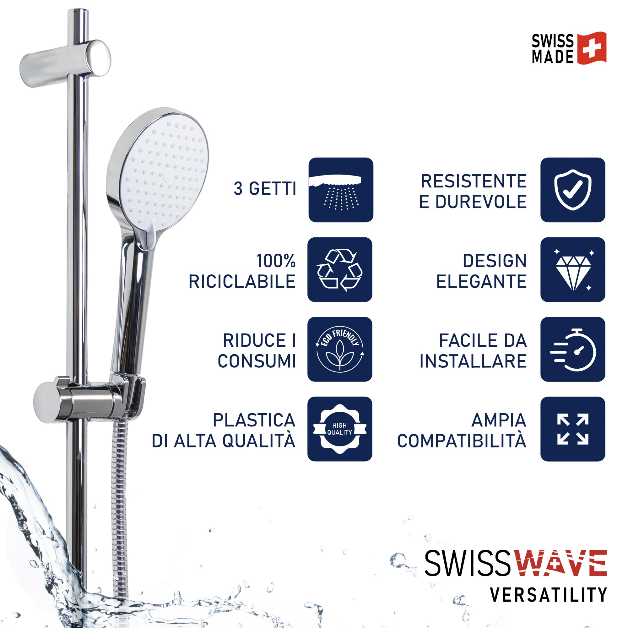 SwissWave - Barra de ducha Reno - Barra de acero inoxidable y soportes de ABS - Diseño moderno de ducha de mano - Fijaciones de pared ajustables para una fácil instalación - Cromado