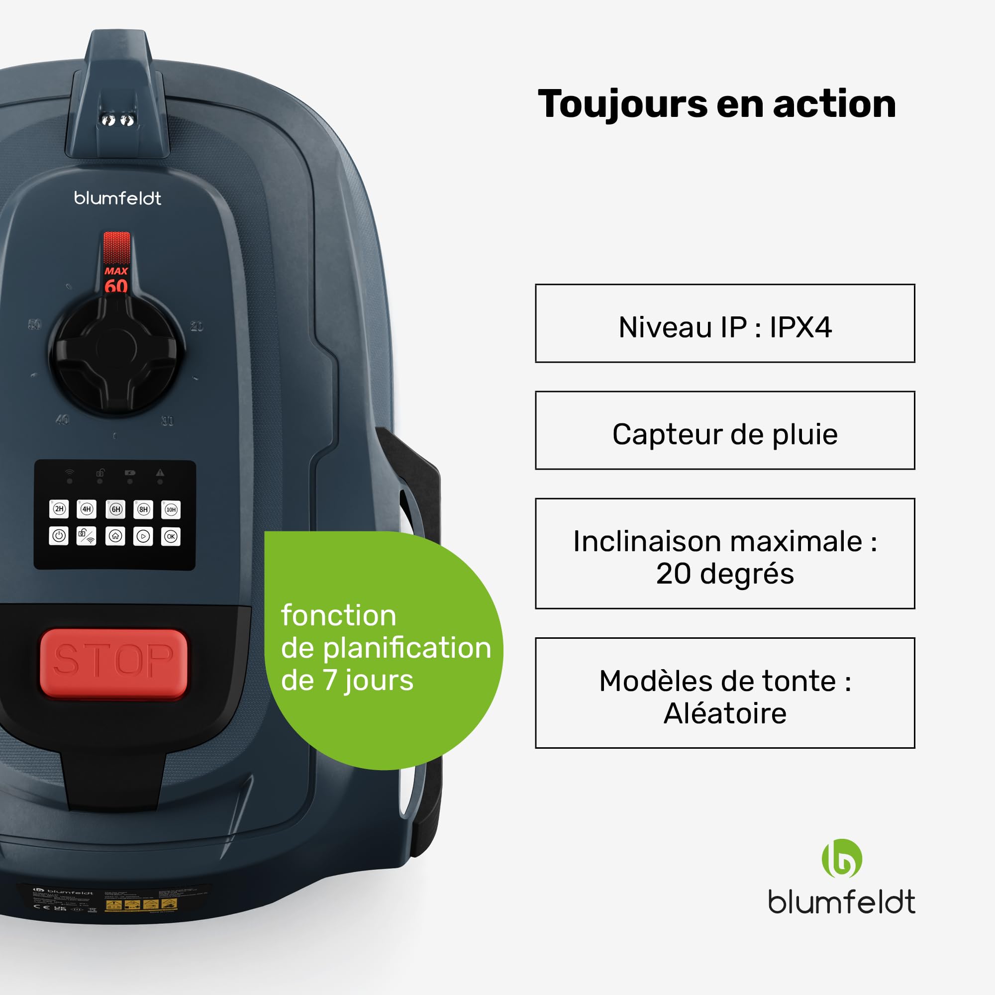 blumfeldt Robot Tondeuse 1000 m² - Contrôle par Appli, Batterie Li-ION, Charge Auto, Silencieuse, Capteurs Pluie & Collision, Hauteur Ajustable, Gris Foncé