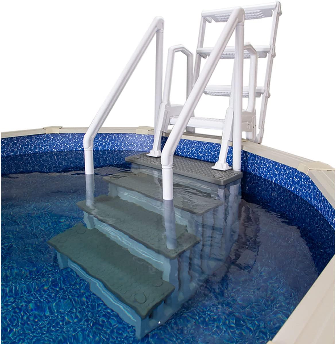 Aqua Select Anti-Slip in-Pool Steps with Outside Flip-Up Ladder | White/Gray Steps | for Above Ground Swimming Pools | Can Mount to Decks 48" to 54" H | Safety Stairs Capacity Up to 350 lbs