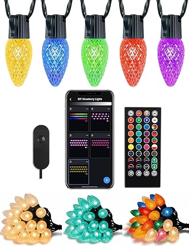 HIITEN Luces de Navidad RGB C9 para exteriores de 59 pies, 75 LED, efectos de persecución de bricolaje, luces de Navidad inteligentes, aplicación