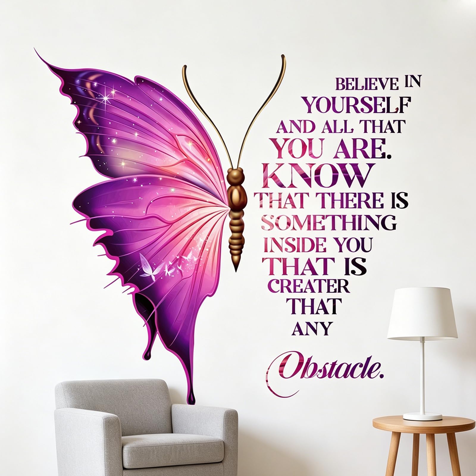 Shankou Purple Butterfly Wall Stickers For Adults - Gradient Motivational Wall Art, Self-Adhesive Waterproof Inspirational Quote Decals For Bedroom, Living Room, Office Decor