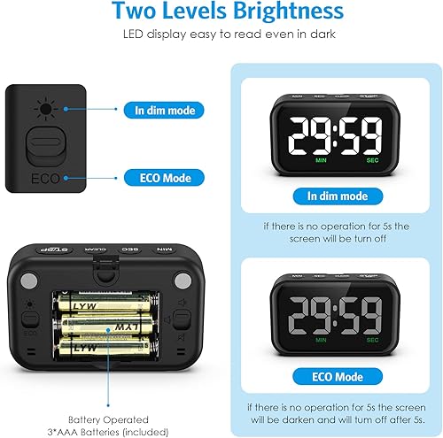 Miniatura 6 de Temporizador digital de cocina, temporizador digital con pantalla LED grande, temporizador de cocina magnético para cocinar, 3 niveles de volumen