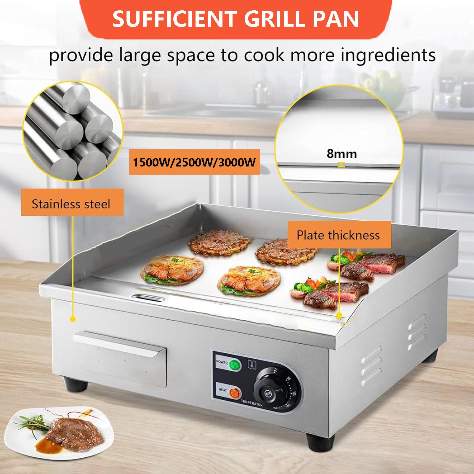 Piastra elettrica Commerciale 50℃-300℃ Piano Cottura Elettrico/Piastra da banco in Acciaio Inox con Controllo della Temperatura/Piastra Piana da Cucina per friggere Pancetta e Bistecca,2500W