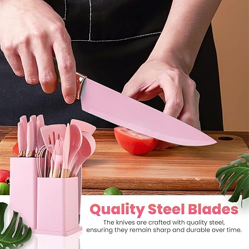 Miniatura 5 de Utensilios de cocina rosados del silicón, sistema de cocina antiadherente, manija de madera BPA no tóxica libre