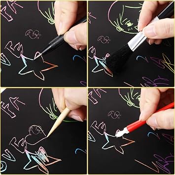 Scratch Art Tools, 9 Pcs Scratching Drawing Tools Set: Artist Glove, Tools Bag, Scratch Coloring Pens, Plastic and Wooden Stylus, Scraper, Repair Pen, Clean Brush for Adults & Teens Painting Paper