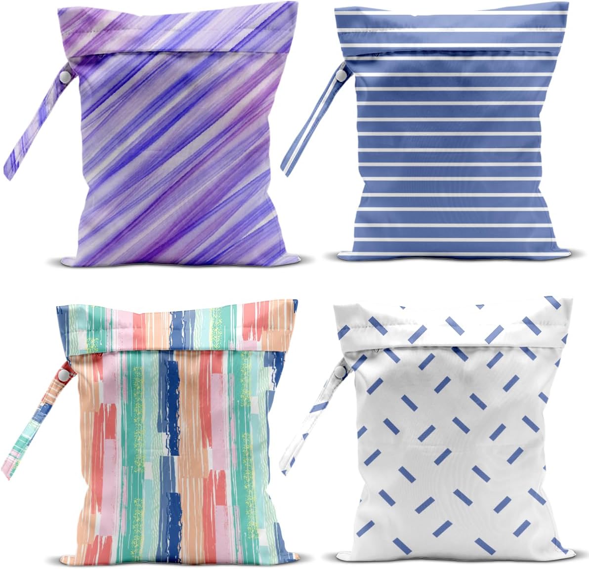 Wet Bag, 4Pcs Wet Dry Bag Set, Reusable Waterproof Bags with Multi-Color Diagonal Line & Vertical Line Prints for Women, Ideal for Beach, Pool & Travel