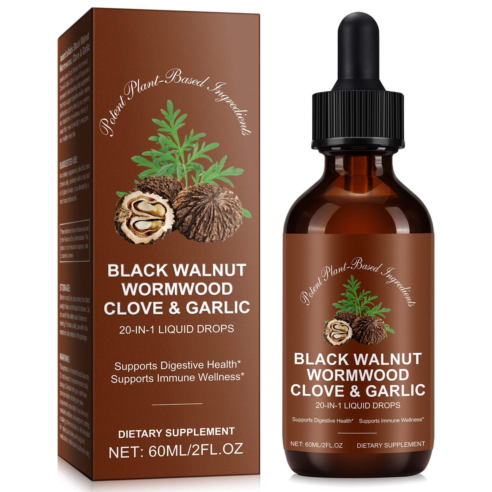 Tiuedu Black Walnut & Wormwood Herbal Liquid Drops, 20-in-1 Plant-Based Herbal Wellness Formula with Clove, Garlic, Pumpkin Seed & Milk Thistle, Fast-Absorbing Liquid, 60ml 2 Fl Oz (Pack of 1)