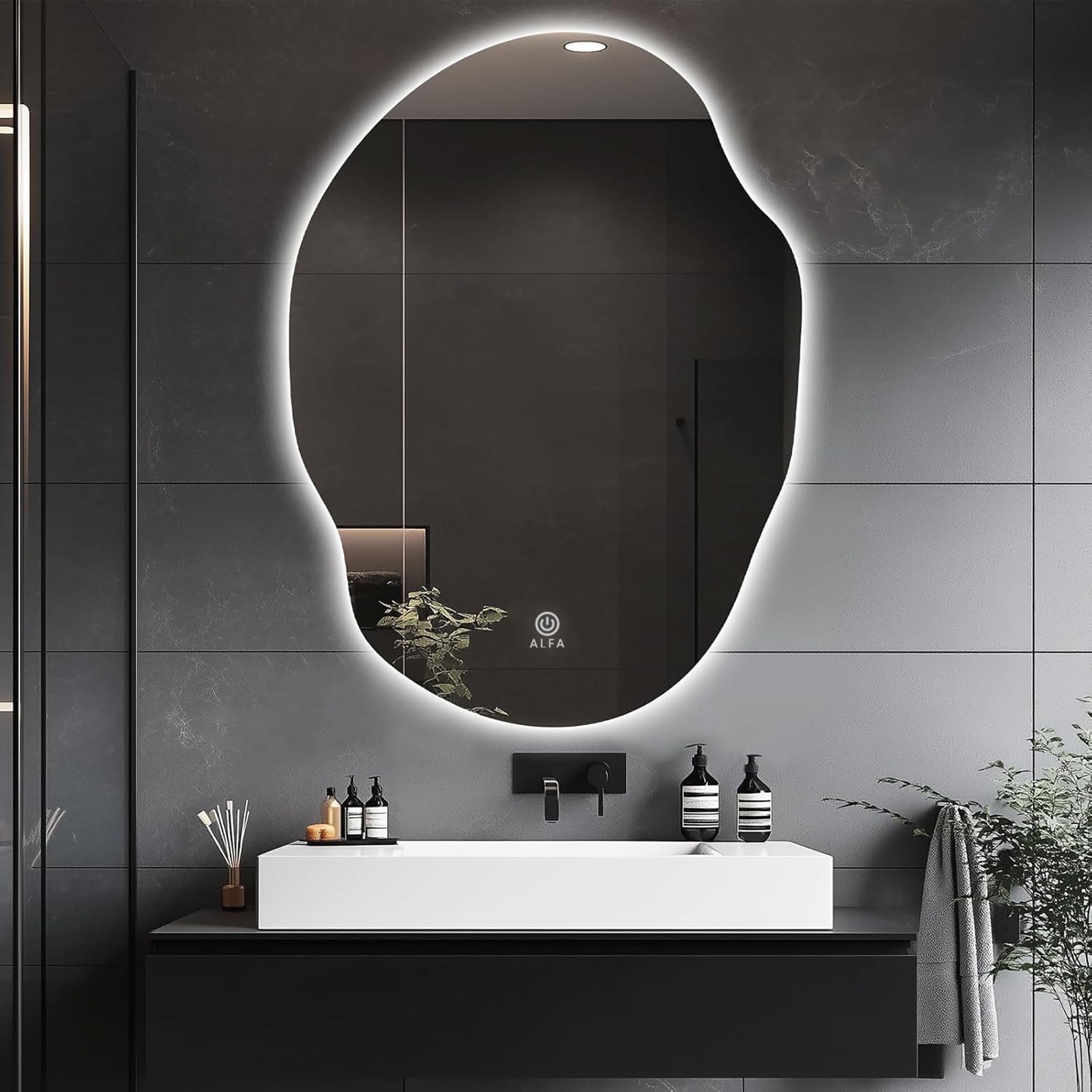 Irregular LED Bathroom Mirror with Lights,Asymmetrical Led Bathroom Vanity Mirror for Wall with Backlit, 3 Colors and Dimmable Light 24" H x 17" W