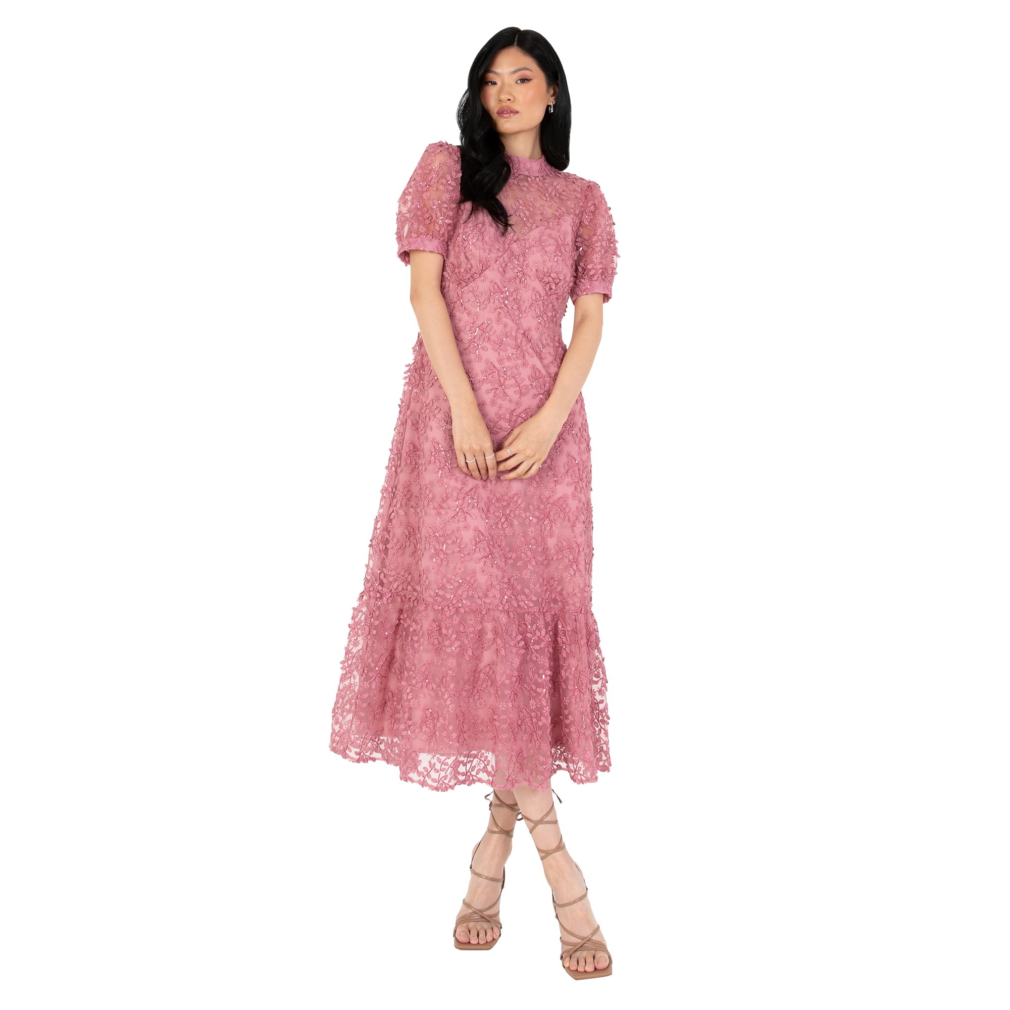 Maya Deluxe Women's Embroidered Dress for Ladies Sequin Embellished Midaxi Floral High Neck Wedding Guest Ball Evening Cocktail Dress, Pink, 12