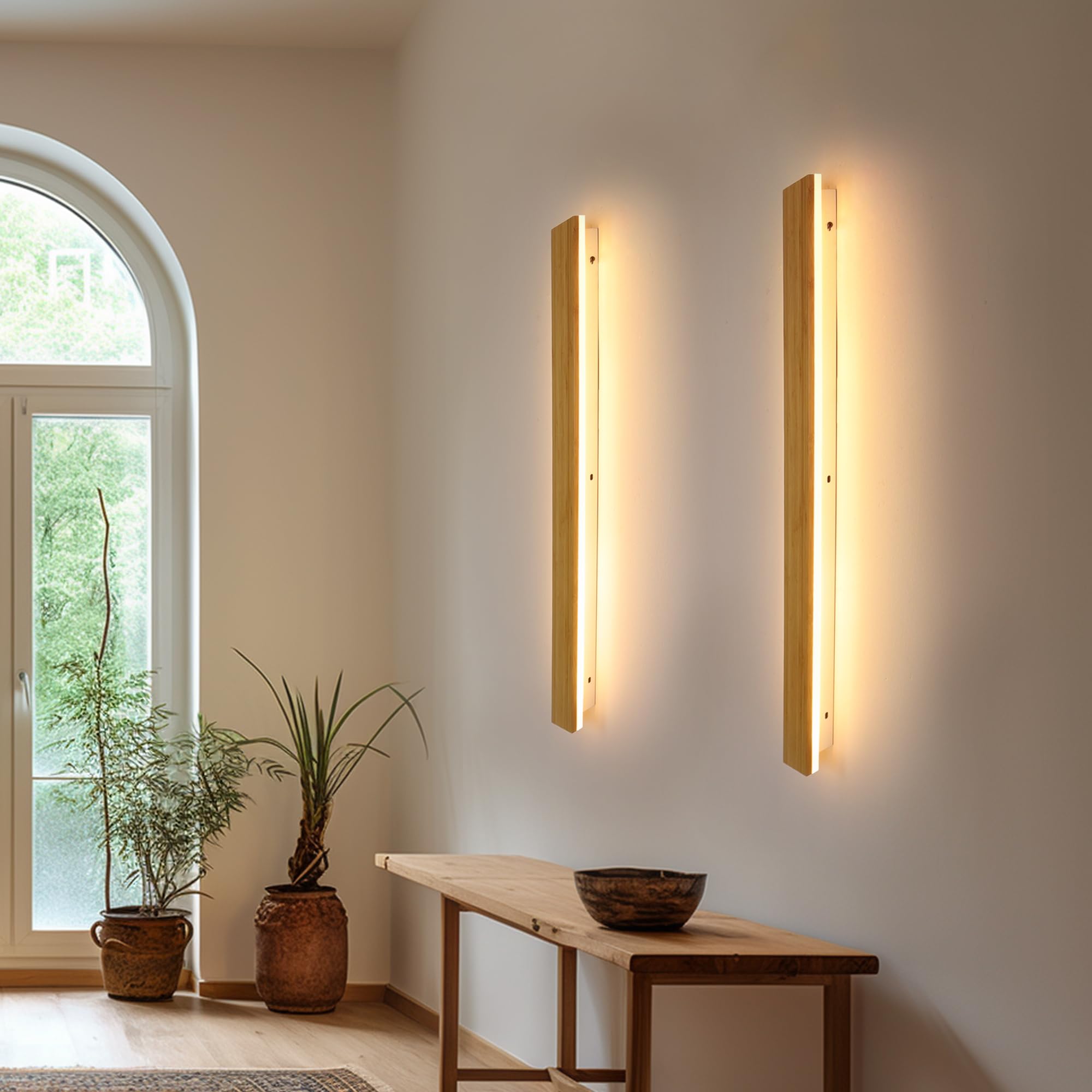 Apliques de Pared LED Lámpara de pared de madera para interiores Luces de pared de madera de bambú 24w Luces de pared 3000k Iluminación de pared moderna para dormitorio Sala de estar Pasillo,80cm