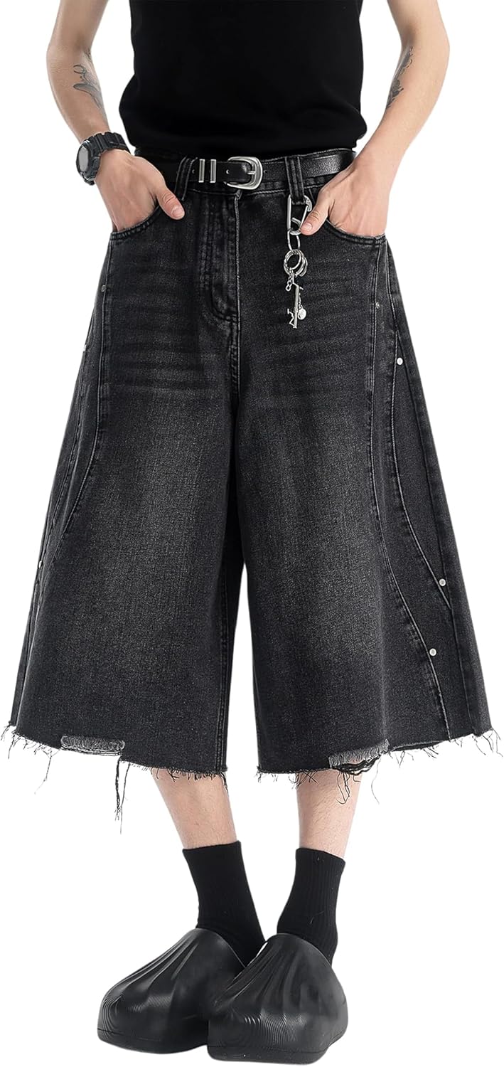 DOSLAVIDA Jean Shorts Men Baggy Jorts Casual Capri Denim Shorts Y2k Loose Long Jorts Vintage Fashion