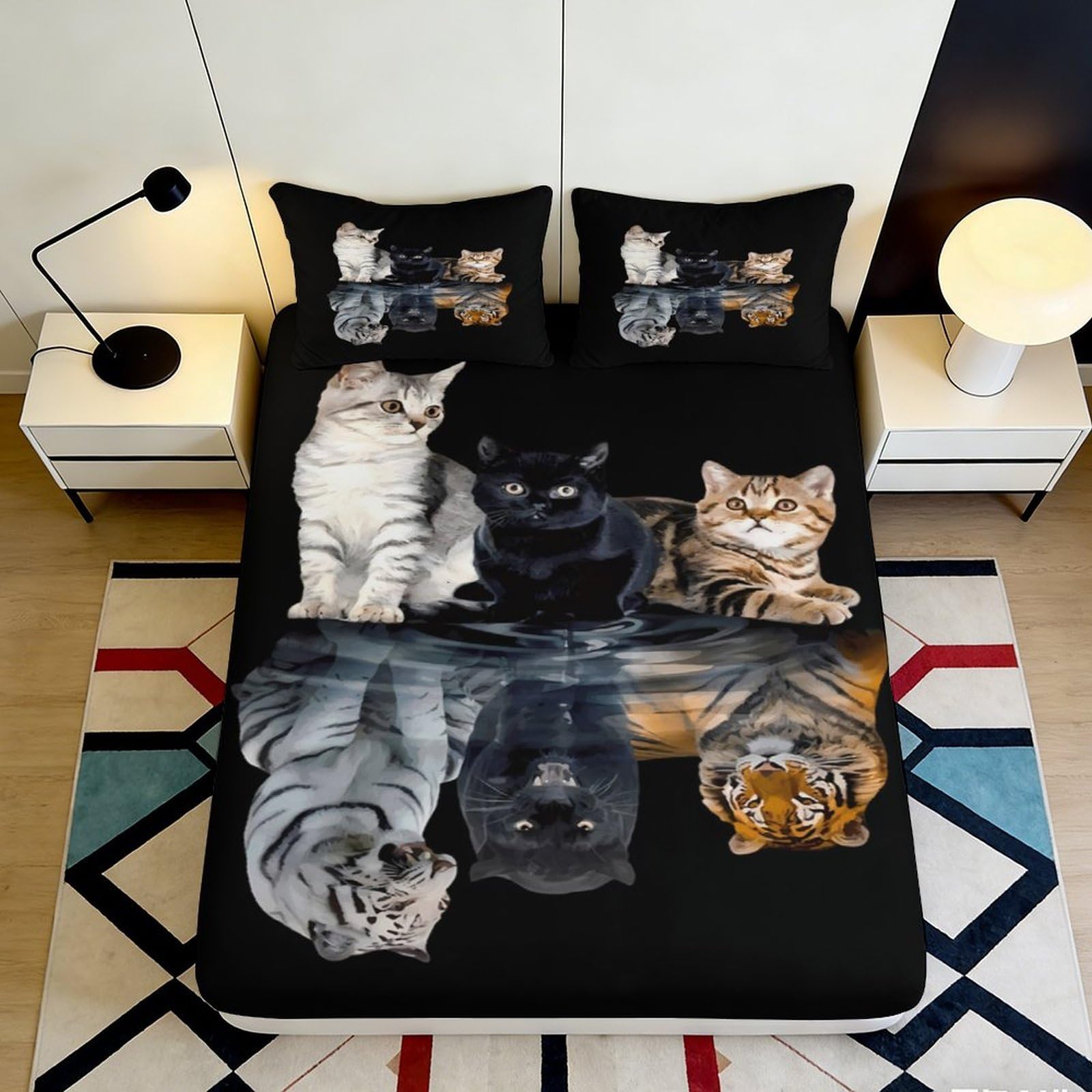 3D Printed Cat Pattern Fitted Sheet Microfiber Non-Slip Deep Pocket Cat Mattress Fitted Cover Washable for Bedroom 140x200x25cm