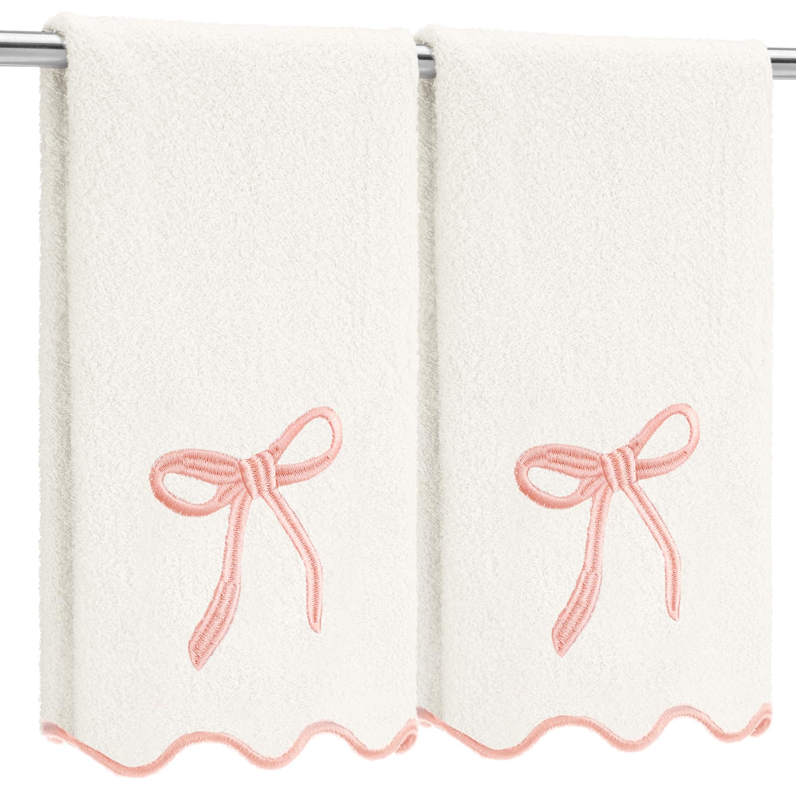 2 Pcs Scalloped Hand Towels for Bathroom 26 X13 Embroidery Coquette Bow Hand Towels 100% Cotton Soft Absorbent Boho Bath Decor for Kitchen Bathroom (White,Pink)