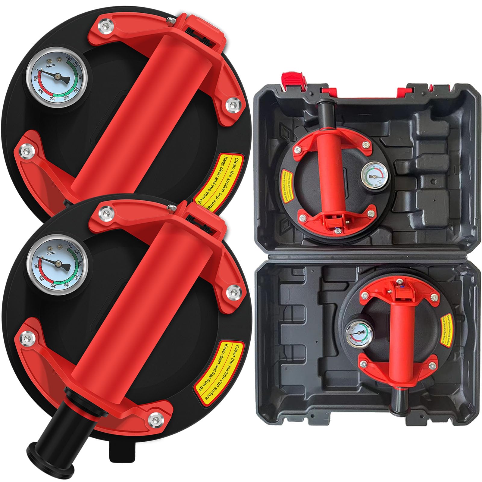 2 Ventose Sollevavetri Da 8" Con Manometro - Portata 150kg, Per Vetro, Piastrelle, Materiali Pesanti, Con Valvola Sfogo E Sicurezza
