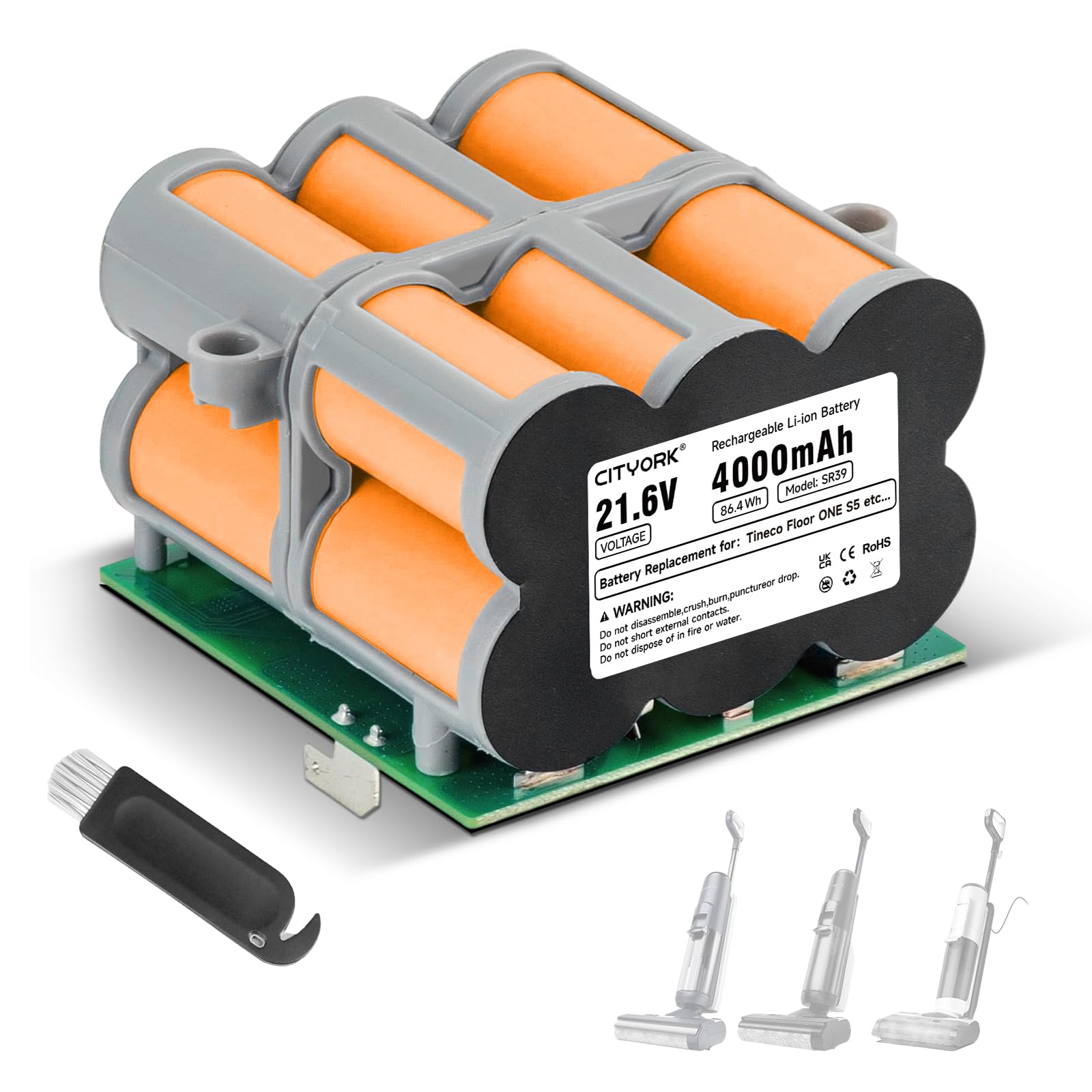 21.6V Aspirateur Laveur Batterie de Rechange pour Tineco Floor One S5 / S5 Pro / S5 Pro 2 / S5 Smart / S5 Steam/ S5 Combo /S5 Extreme/S5 Intelligent - Longue durée(1 Batterie + 1 Pinceau + Ruban 3M)