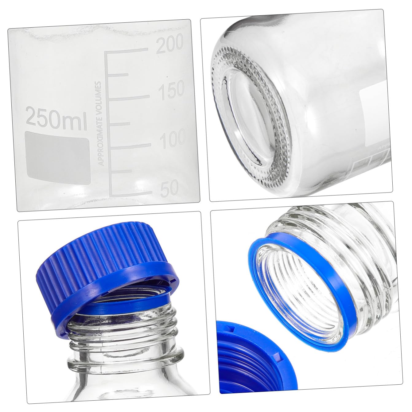 ERINGOGO Set da 4 Bottiglie di Vetro Vuote per Reagenti con Tappo a Vite Blu, Capacità 250ml, Resistenti a Cadute e Usura, per Laboratori e Applicazioni Didattiche