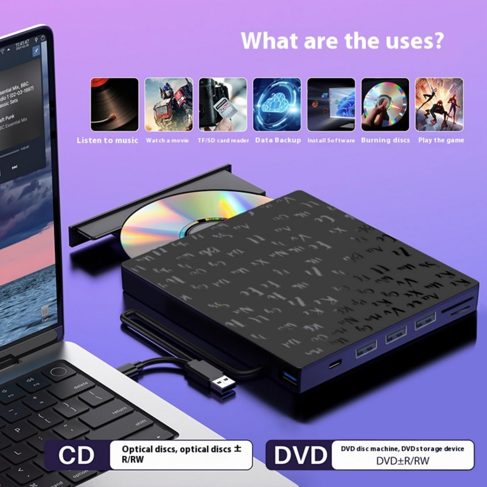 Masterizzatore esterno DVD 5 in 1 Funzione USB3.0 Tipo C Porta CD Writer per computer USB C Rws Drive