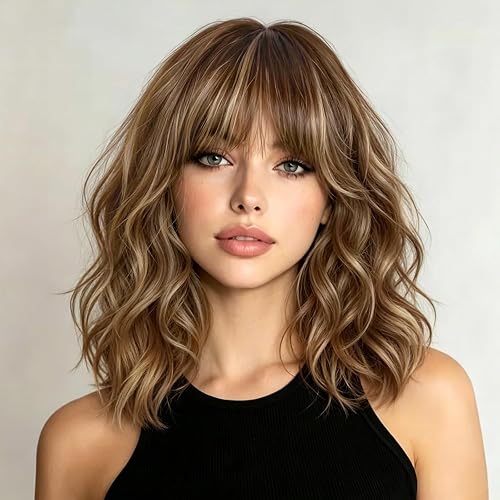 Lativ Brown Blonde Highlight Wig with Bangs Bob Curly Wavy