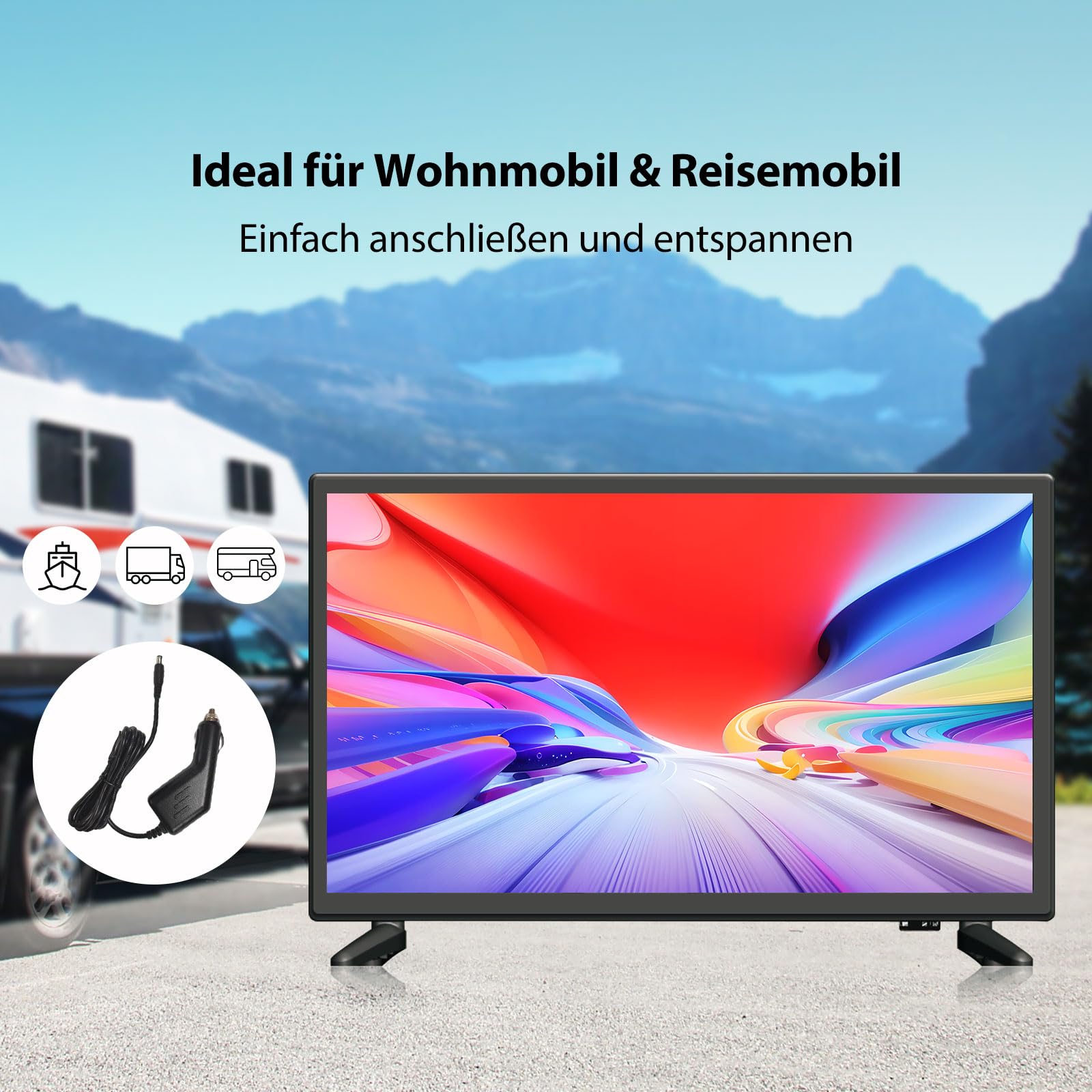 Antteq AE22F5C-T21 Fernseher 22 Zoll (55 cm) 2K D-LED mit 230V & 12V KFZ-Adapterl, Triple Tuner DVB-C/T2/S2, Hotel Modus, Dolby Audio, VGA, HDMI, USB, SCART & CI+ – Ideal für Wohnmobil, Camping, LKW