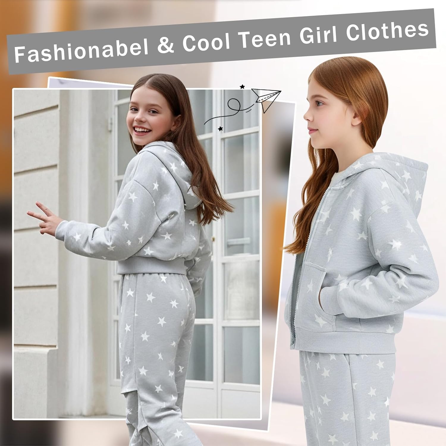 pMMq 5-14 Girls 2 Piece Outfits Star Hoodies Sweatsuit Sets Oversized Sweatshirt and Baggy Fashion Sweatpant with Pockets - Image 3