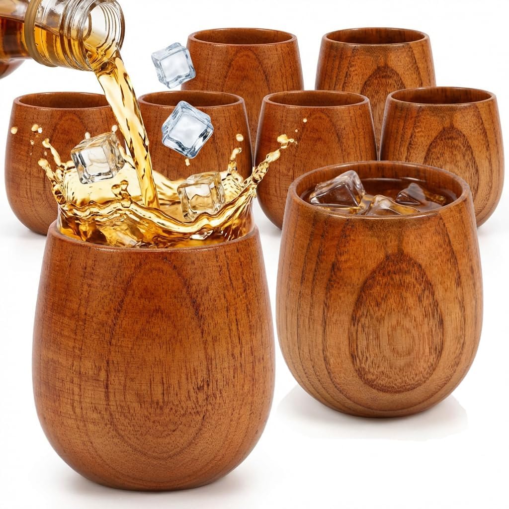 8pcs Whiskey Cups Wooden Bourbon Glass,Whiskey Glass Set,Wooden Whiskey Tumbler,Charred Wood Bourbon Glass,Wooden for Him,Men, Dad, Or Brother Unique Whiskey Gifts