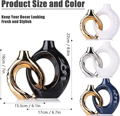 Miniatura 2 de Juego de 2 jarrones de cerámica de oro negro para decoración moderna del hogar, jarrón redondo bohemio para hierba de las pampas, estatua