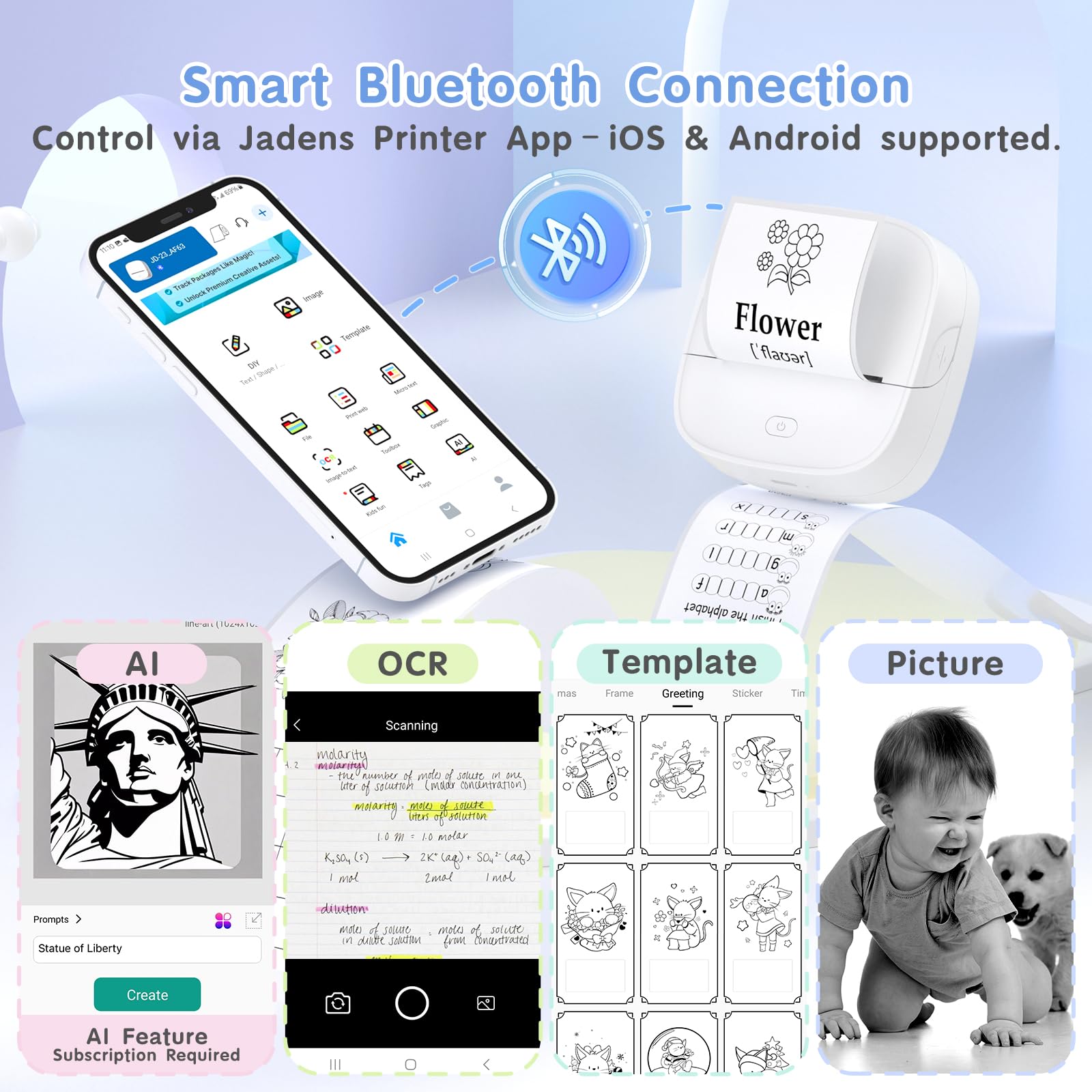 Gloryang Stampante per adesivi, mini stampante termica Bluetooth con 2 rotoli di nastro di carta, etichettatrice tascabile portatile con app intelligente per telefono e tablet, bianca