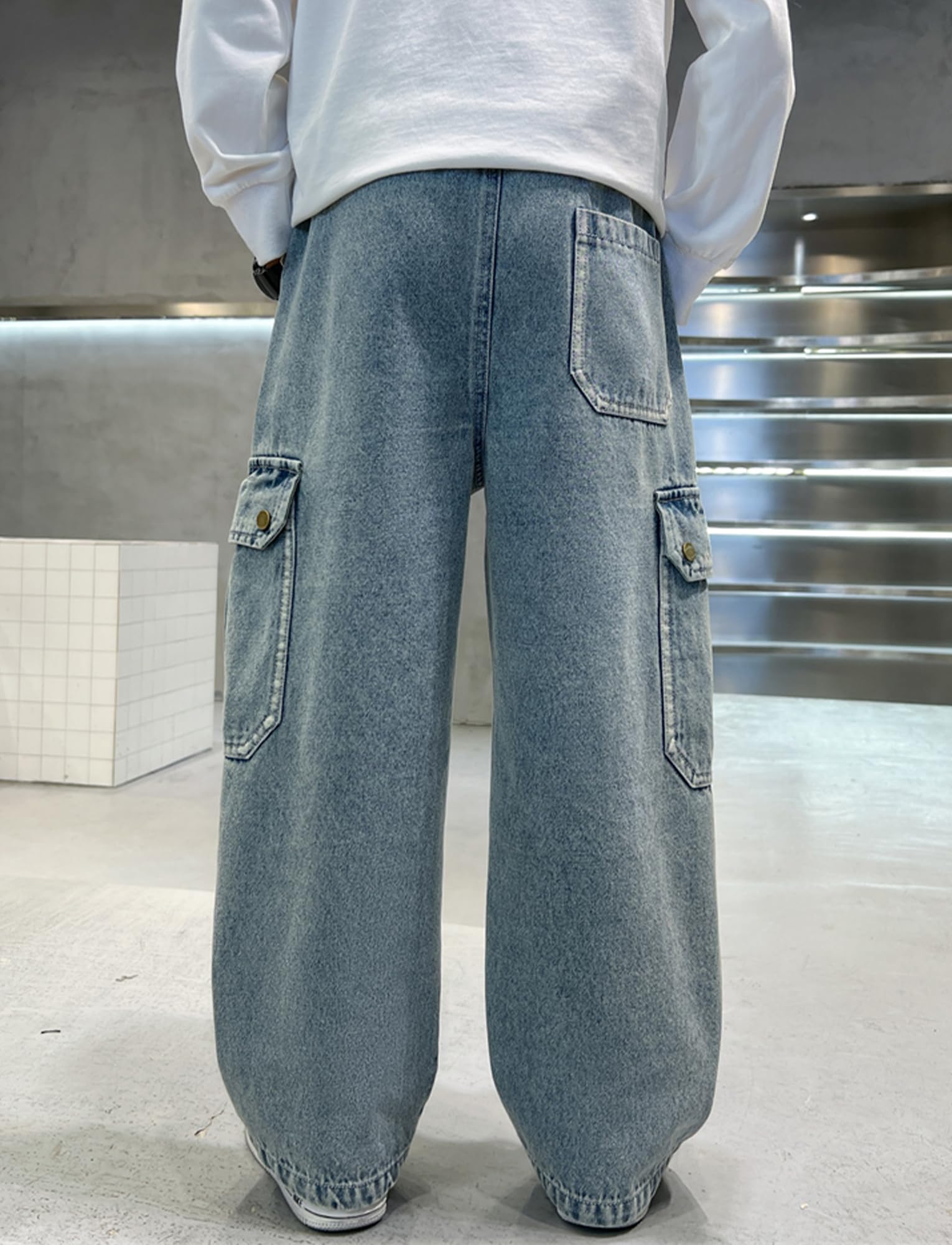 Jeans per bambini, con gamba larga, pantaloni in denim y2k, pantaloni cargo con tasche, pantaloni da lavoro