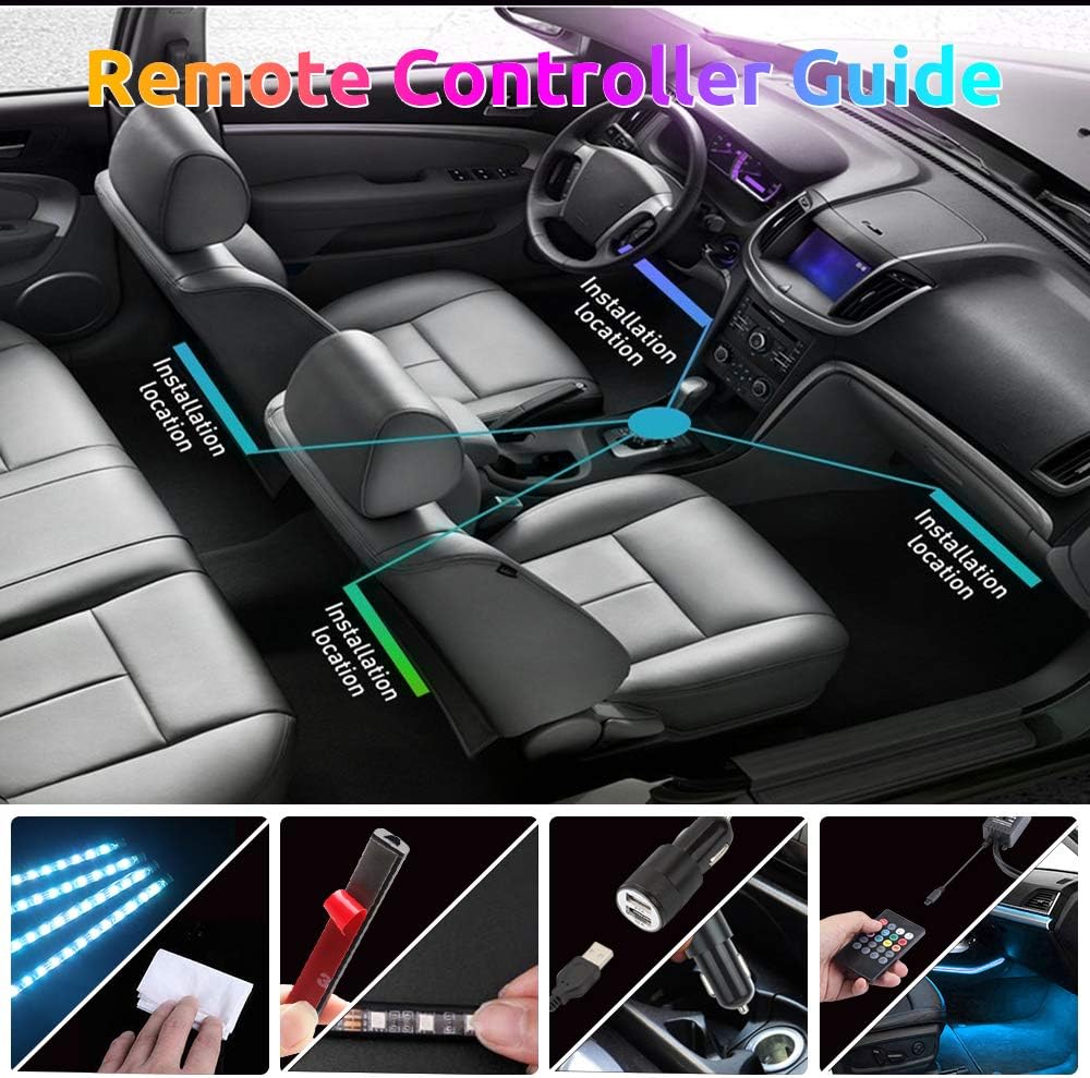 Car Interior Lights 72 LEDs, 4X Car LED Strip Lights Including Cigarette Charger, LED RGB Floor Car Lights with Music Changing Remote Control Decorative Atmosphere Ambient Lighting Kits