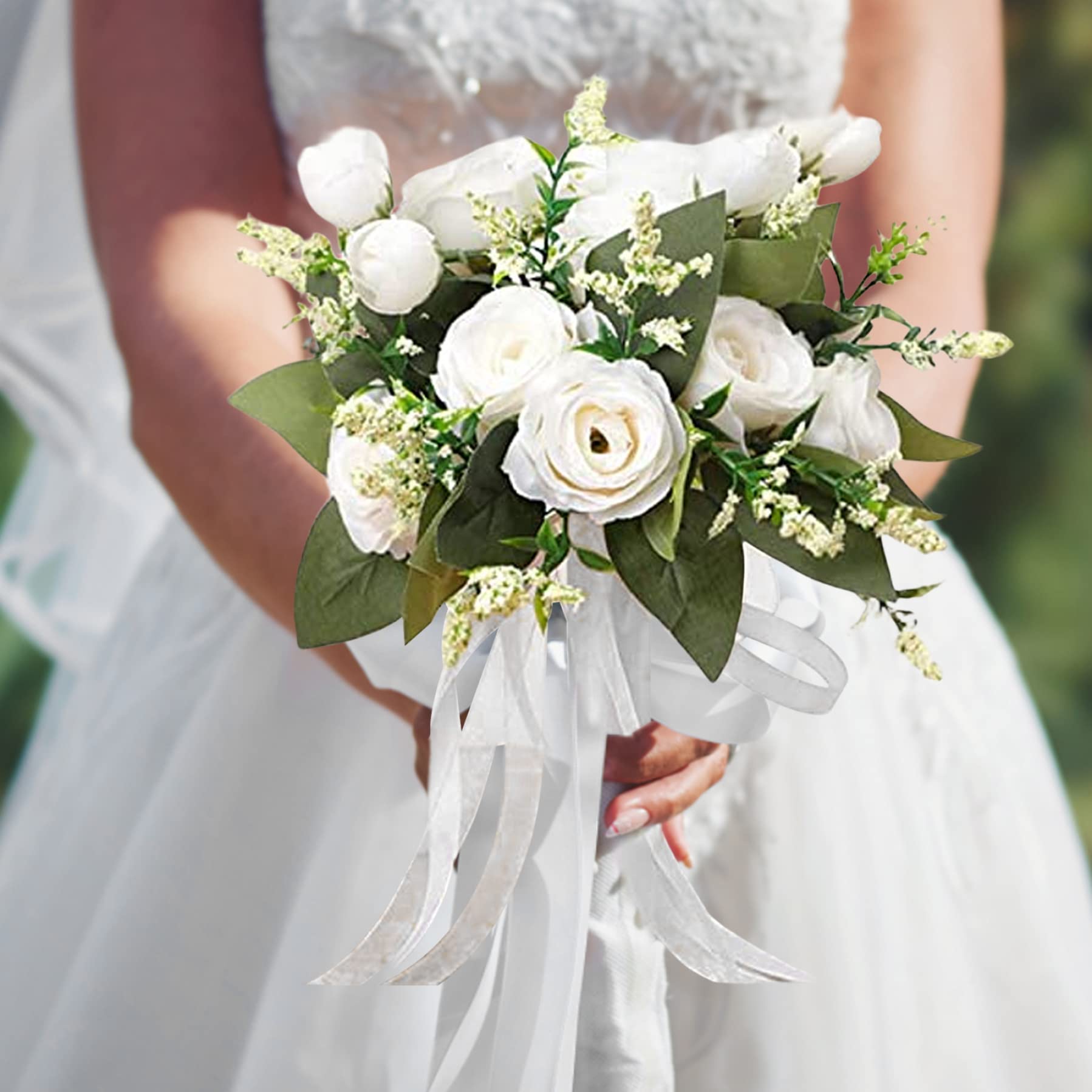 Bouquet de Flores para Novia y Dama de Honor - Ramo Artificial Blanco para Boda, Decoración del Hogar y Suministros de Fiesta