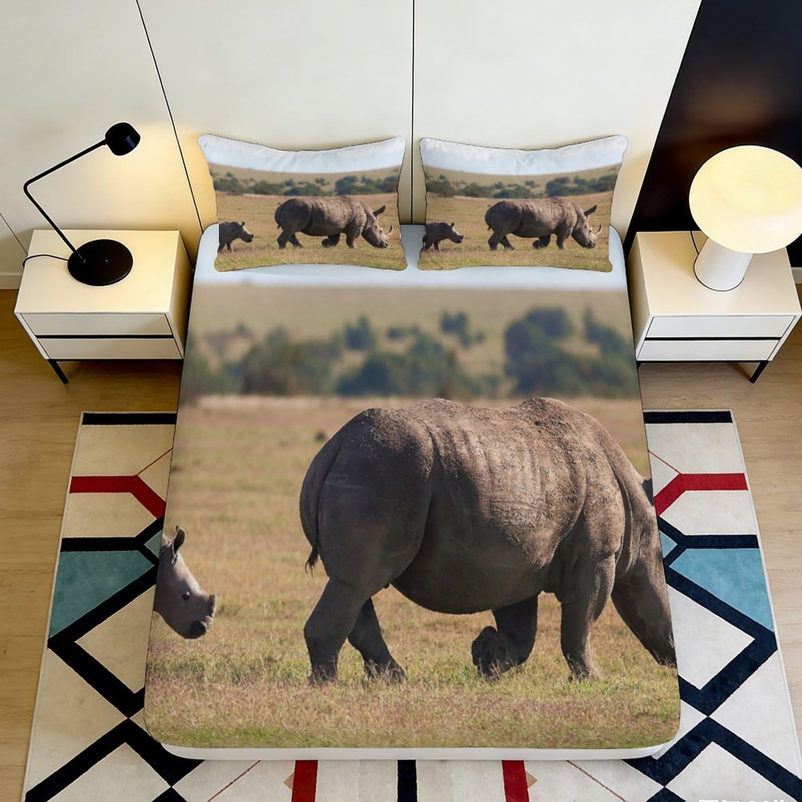 Pnayamiorkfel Style-1 3D Printed Rhino Safari Fitted Sheet Microfiber Soft Animal Bed Cover For Bedroom Guest Room Mattress Decor 90X200x25cm