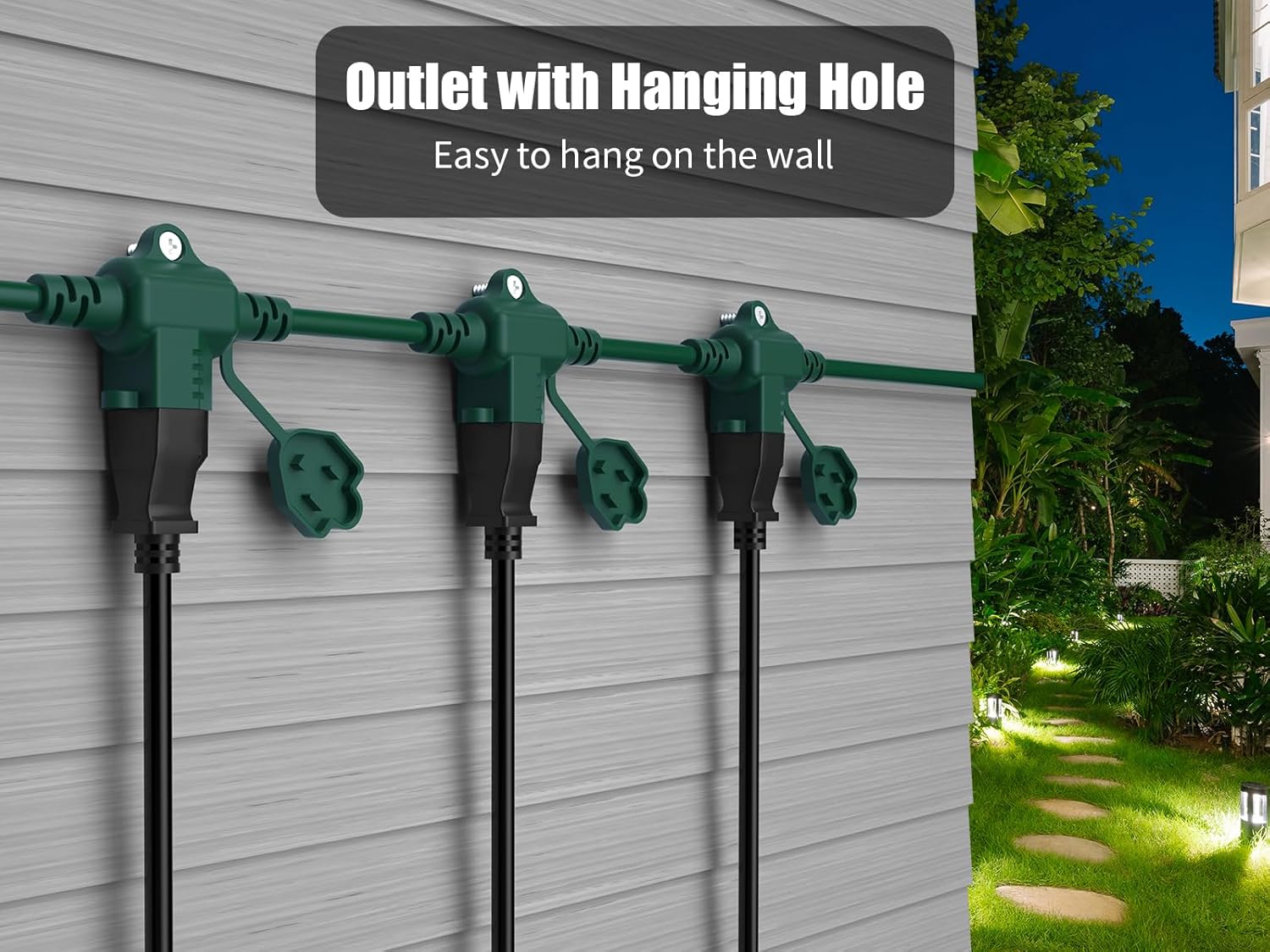 50Ft Outdoor Extension Cord Multiple Plugs- Evenly Spaced 6 Outlets Plugs with Safety Cover, 16/3 SJTW Green Outdoor Extension Cord for Landscape, Christmas Tree Lights, Holiday, ETL Listed