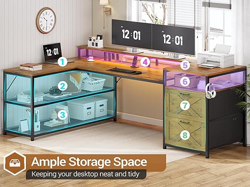 Miniatura 7 de SEDETA Escritorio en forma de L de 67 pulgadas con cajones, escritorio de oficina para computadora con estantes de almacenamiento y toma de Marrón