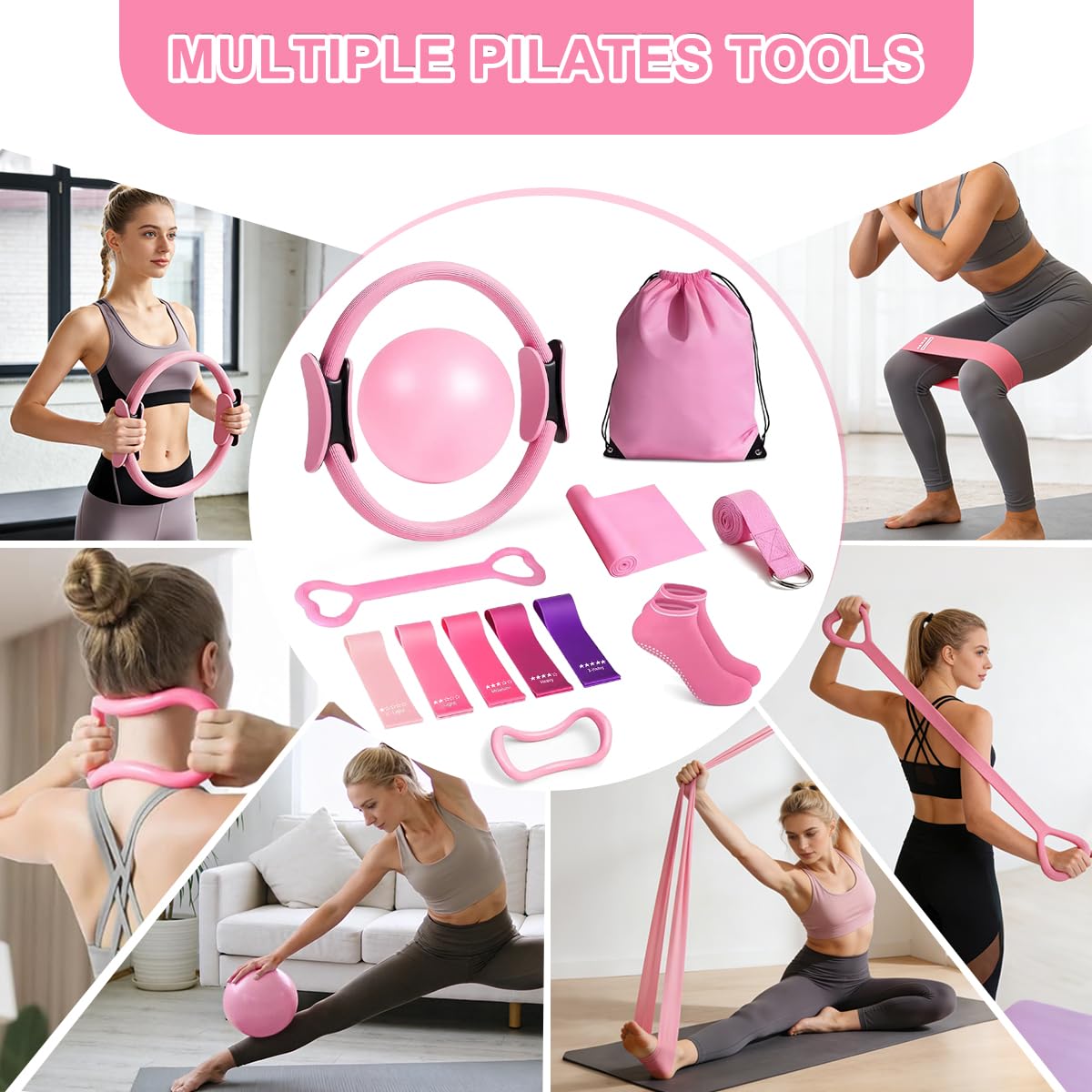 LGZIN 13 Pezzi Kit Pilates, Set di Anelli da Pilates con 32 cm Pilates Ring, Pilates Ball, Fasce di Resistenza e Molto Altro Ancora, Set Fitness per Allenamento Casa, Workout Studio, Fitness Viaggio