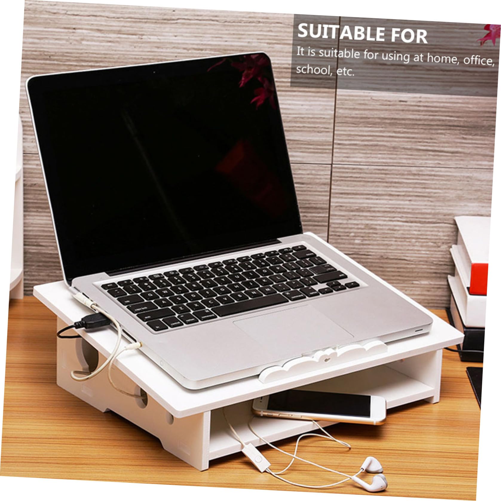 jojofuny Supporto per Laptop in Legno-plastica Bianco, Angolo Ergonomico e Antiscivolo, per Ufficio e Casa, Spazio Portaoggetti