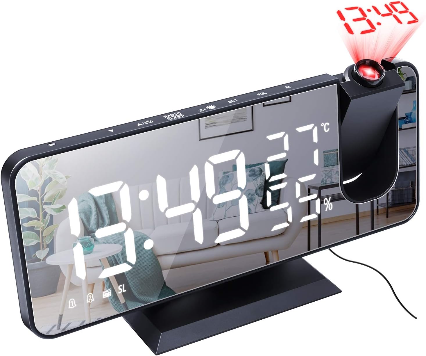 ThreeH Projection Alarm Clock for Bedroom Large 7.4'' LED Mirror Display & 4 Dimmer Radio Alarm Clock with USB Charging 180° Rotable 2 Sounds Black-White