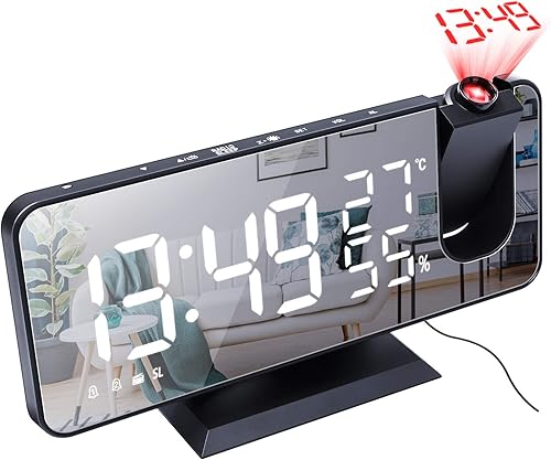Miniatura 8 de Despertador de proyección para dormitorio de techo radio digital despertador con cargador de teléfono USB reloj despertador doble con 2 sonidos de