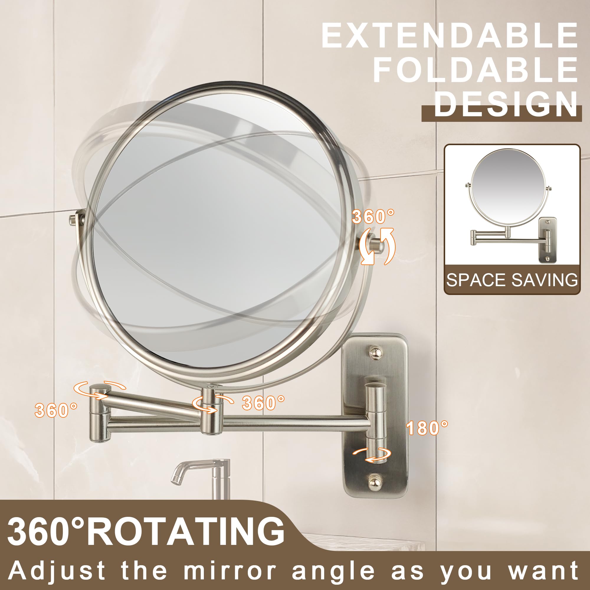 JANEEVA 8" Espejo de Maquillaje de Pared, 1X/10X Espejo de Aumento con 360° Brazo Extensible Espejo para Baño-Doble Cara Espejo de Tocador para Hombre y Mujer (Níquel Cepillado)