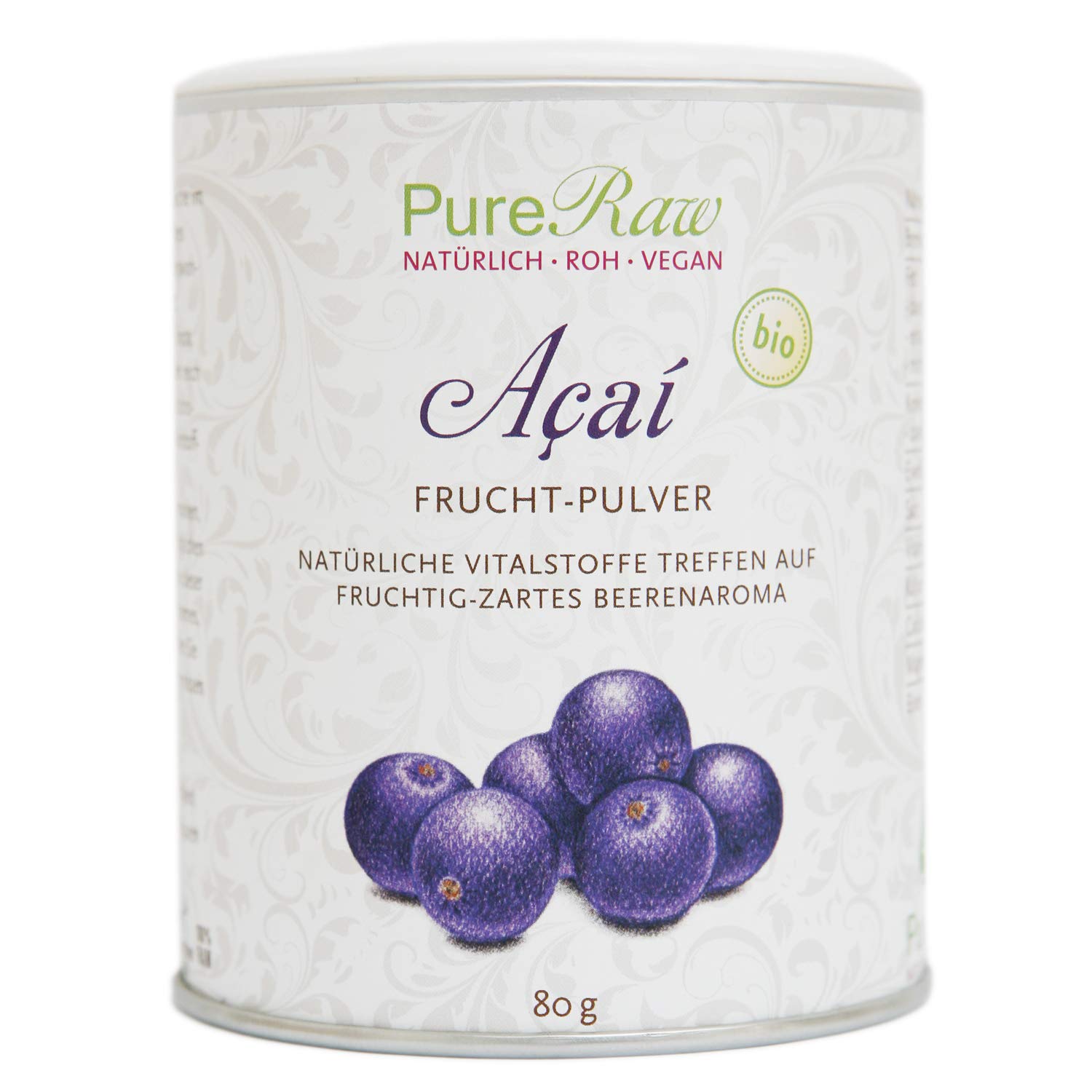 Acai Pulver Bio Gefriergetrocknete Beeren (Roh Vegan) Acai-Beeren-Pulver Acaipulver Superfood Acai Smoothie Bowl Porridge Topping - Freeze Dried Food Raw Organic Acai Berry Powder | PureRaw 80g