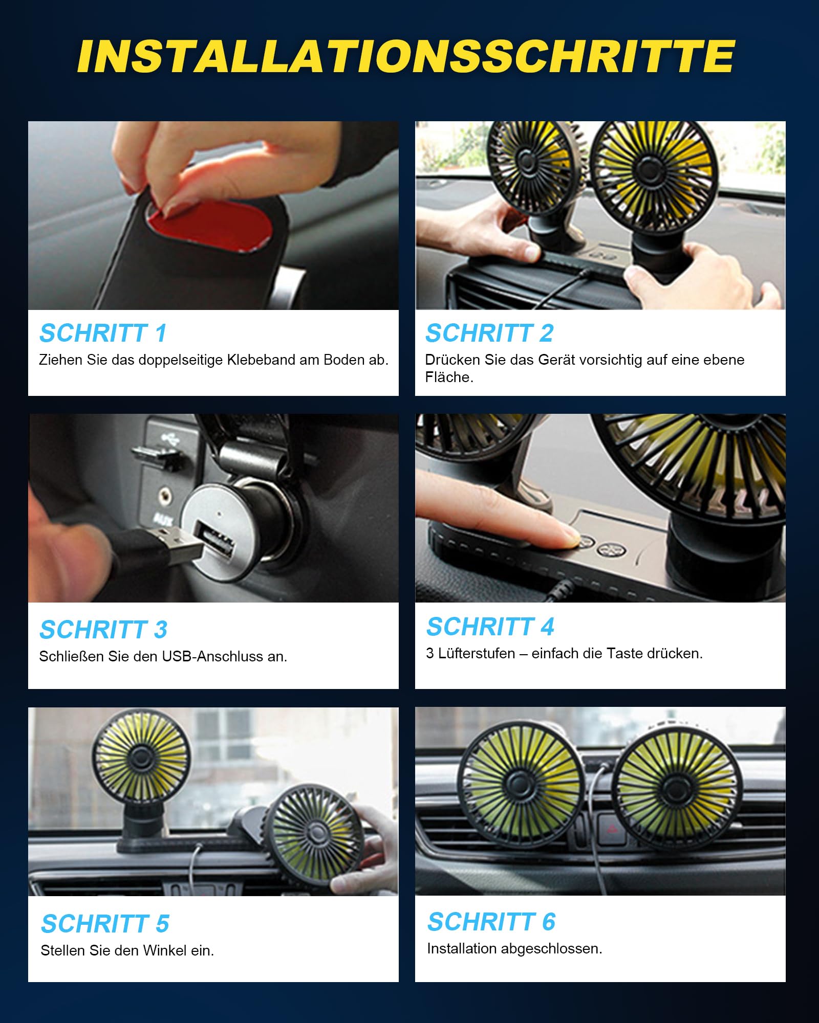 Ventilador de Coche 12/24v, 360 ° Giratorio Cabezas Dobles Ventilador Portatil, Mini Ventilador con 3 Velocidades USB para Coche SUV Vehículo de Crucero RV