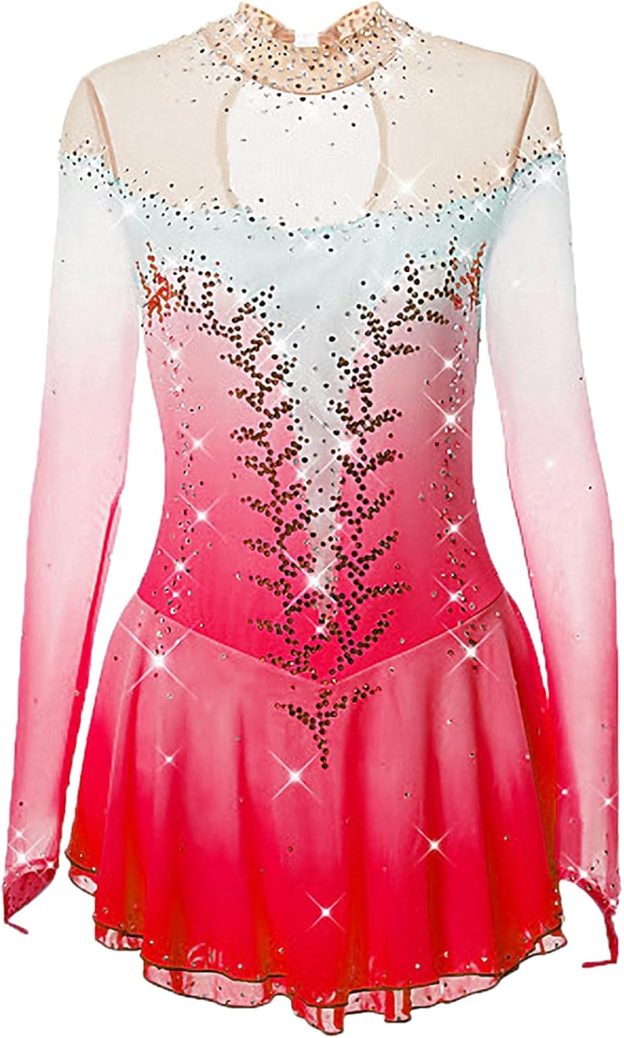 LIUHUO Ice Skating Dress Girls and Women Pink Handmade Figure Skating Professional Competition Costume Long Sleeved Dress