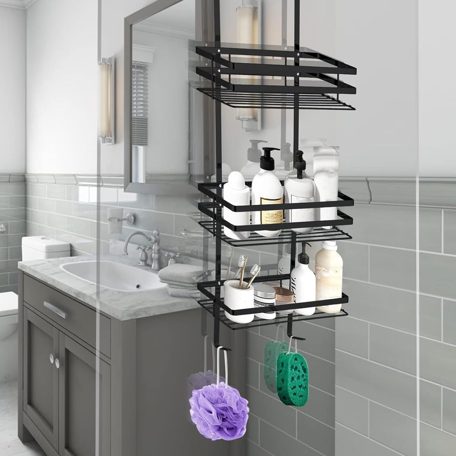 Avilia Estantería Rectangular de baño con 3 estantes – Estantería para Ducha de Pared con 3 estantes, de Acero, 24 x 50 x 11 cm, Negro