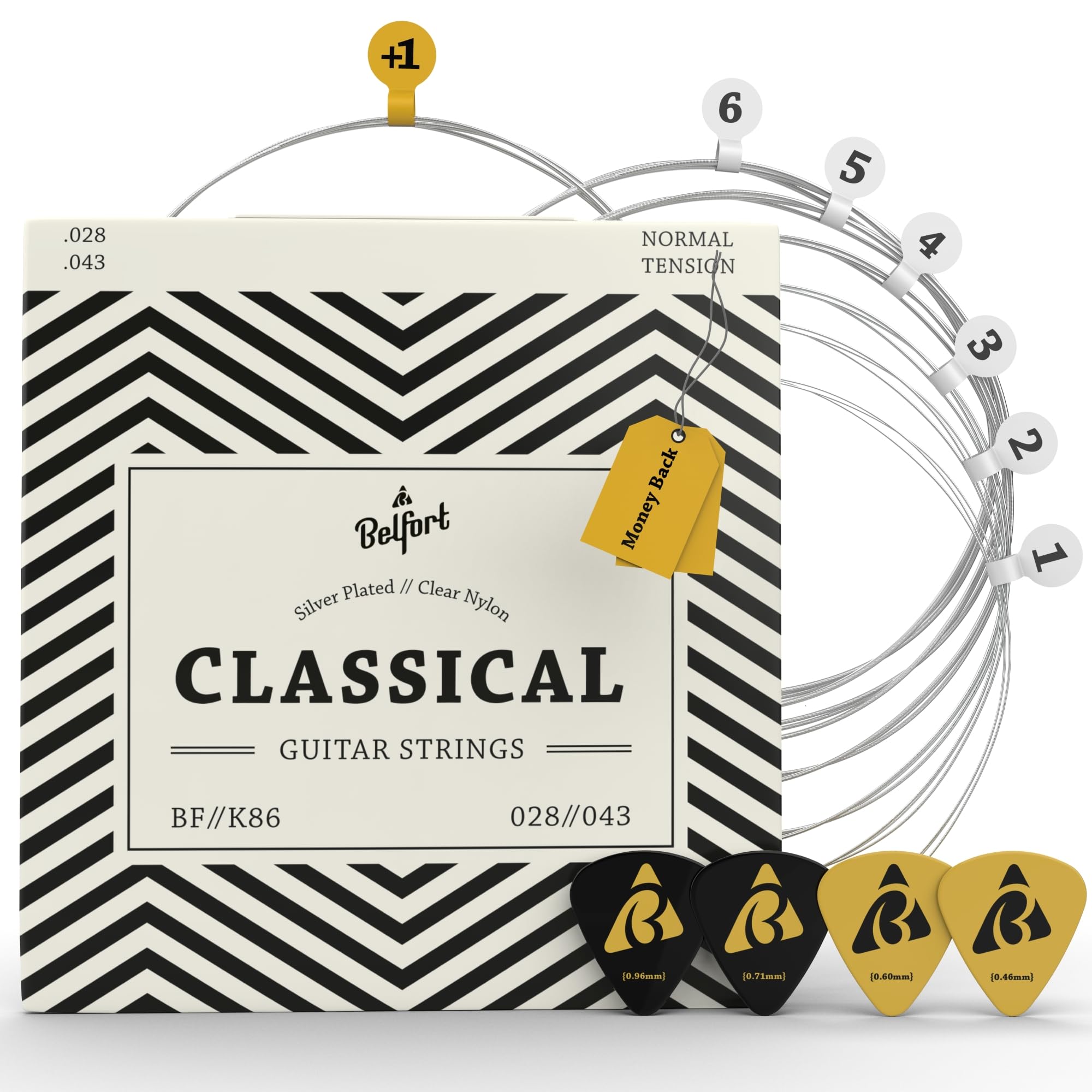 BELFORT® Struny gitarowe do gitary koncertowej, struny do gitary klasycznej z nylonu i srebra (1 set – 6 strings + extra 1E (.028/.043)) 028//053