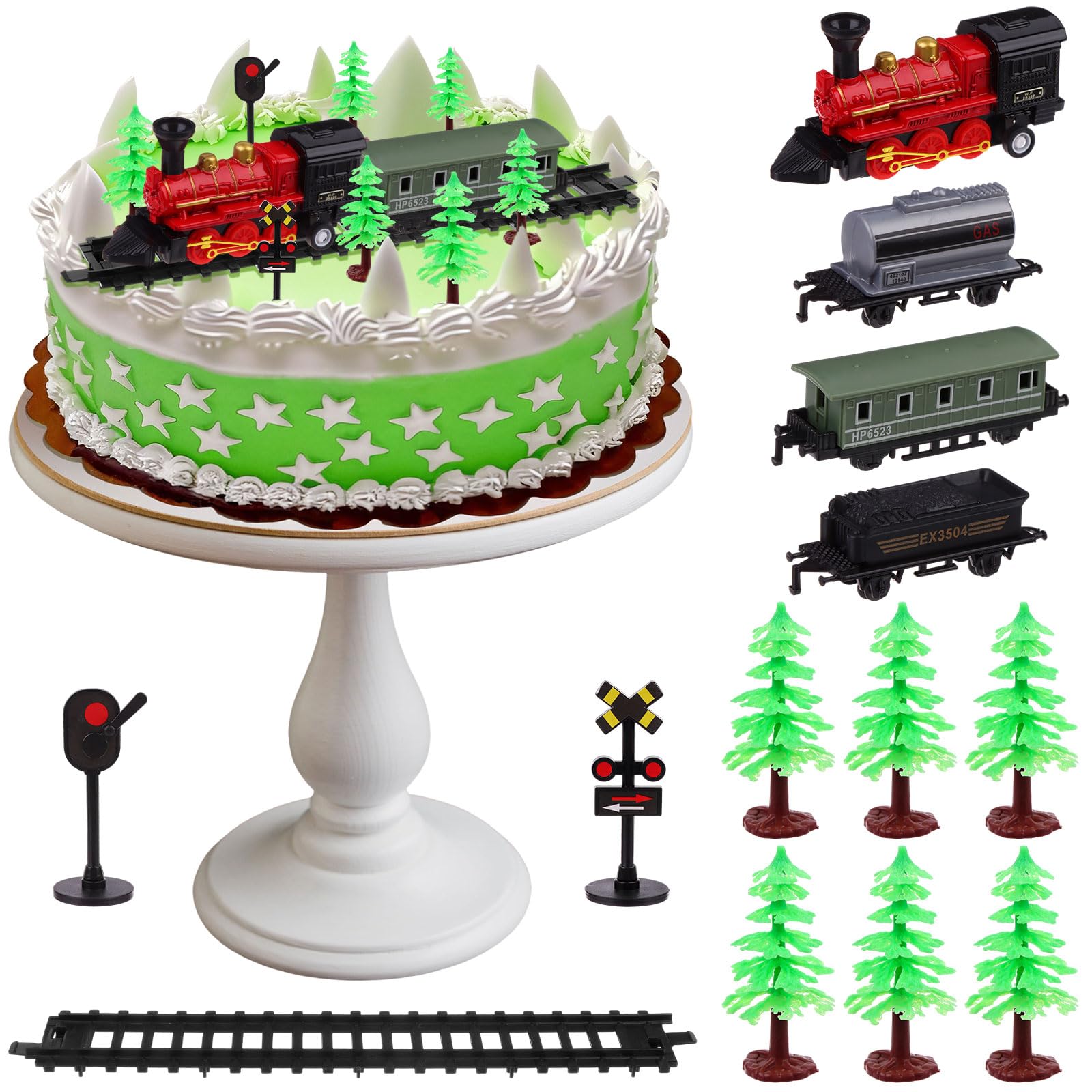 13 Pack Train Themed Cake Toppers Stand Up Train Pull-back Model Mini Train Toy Traffic Track Railway Lights Cake Decor with Green Tree Vintage Steam Engine Train Mix 8-12" Circle Cake Decorations