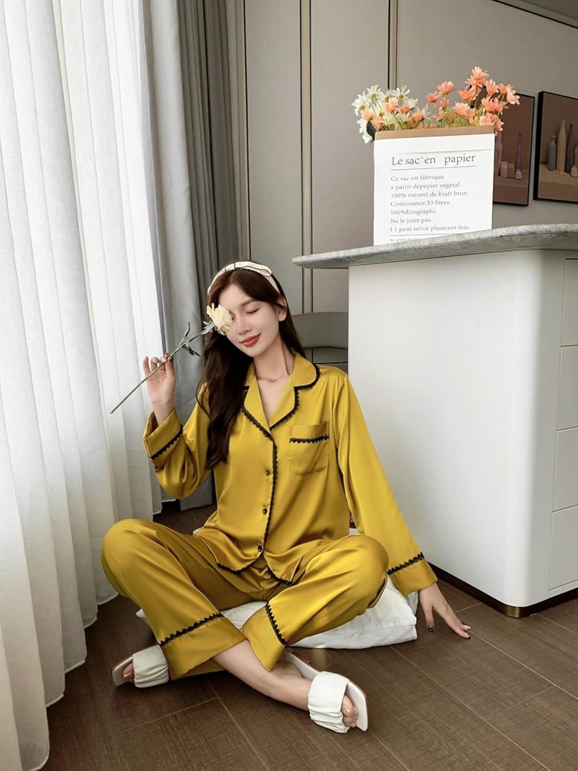 Casual Satin Pajamas Set Lounge Wear - Women'S Sexy V-Neck Button Up Nightwear Lingerie Home Clothes Summer Lace Patchwork Shirt + Pants 2Pcs Sleepwear Soft Homewear For Adults Outfits Suit ( Color :