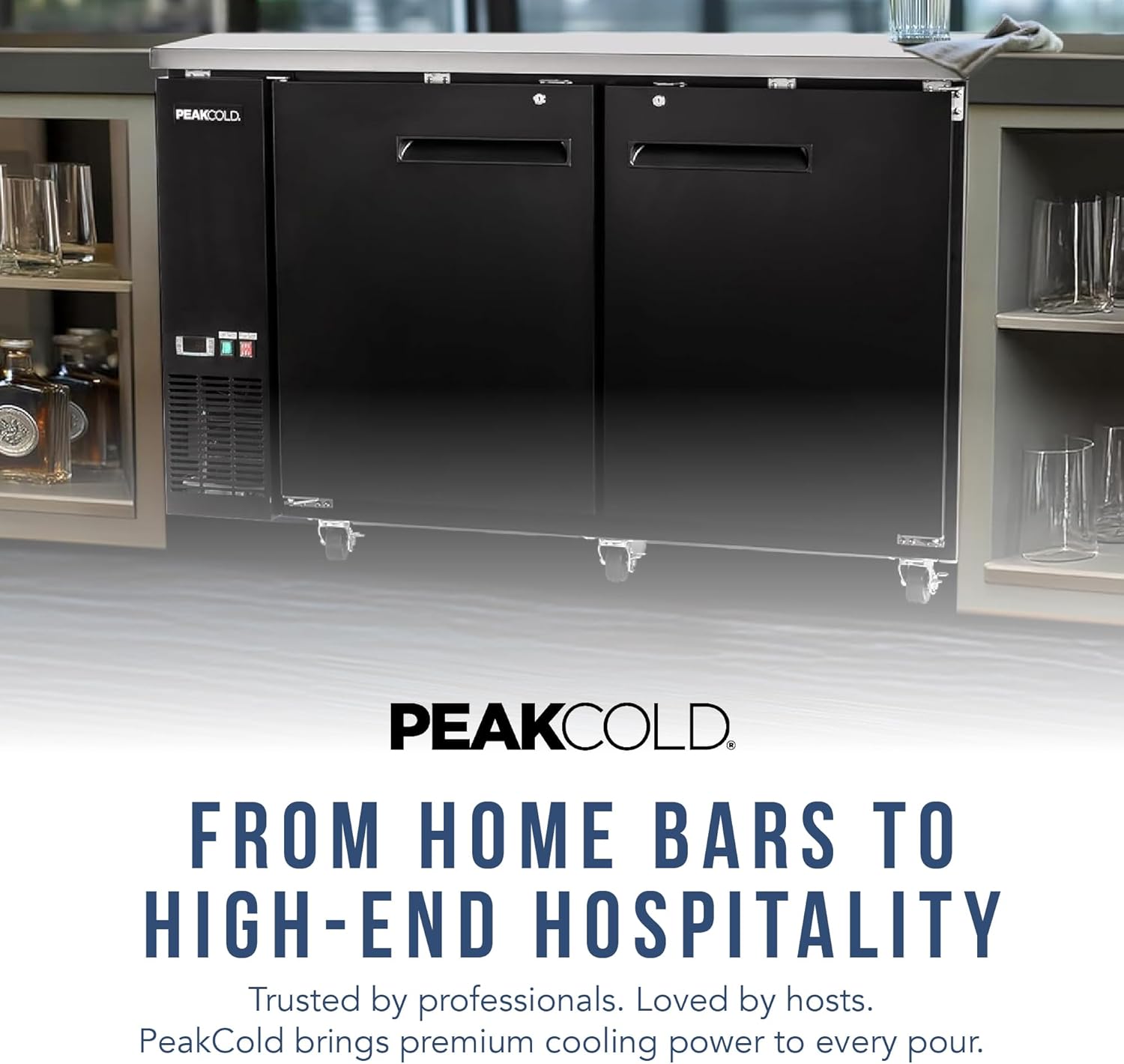 PEAKCOLD 2-Door Counter Height Beverage Refrigerator - 61" Wide Energy Efficient Solid Black Beer Cooler & Bar Fridge With White LED Lighting - Commercial Back Bar Cooler