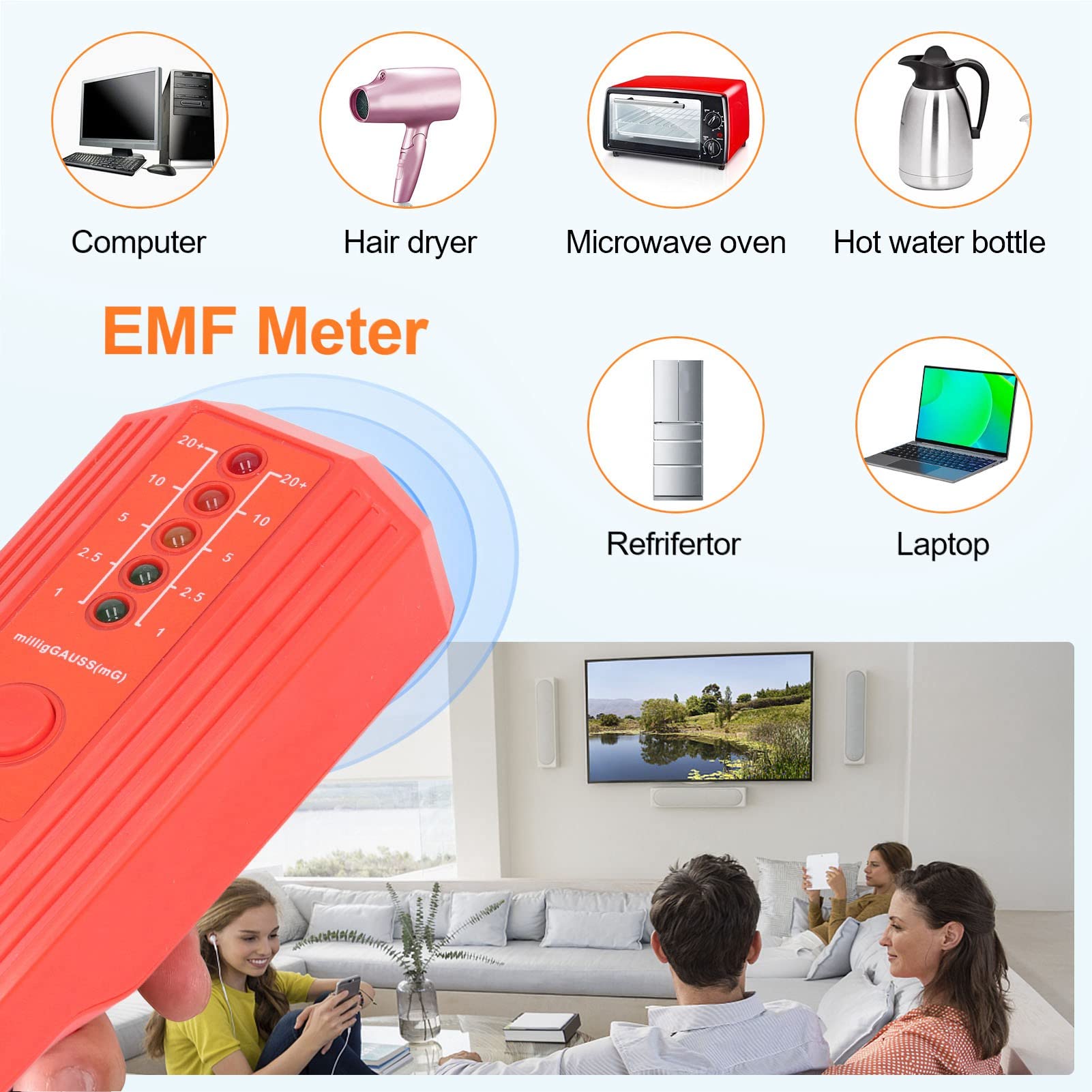 EMF Radiation Meter, Lightweight ABS Electromotive Force EMF Tester 5 LED Indicator Simple to Read 50 60Hz Accurate for Computer (Red)