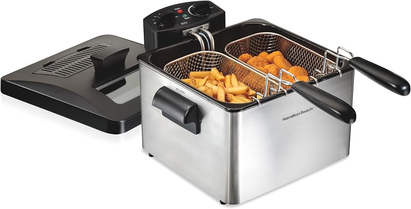 Professional Style Electric Deep Fryer With 2 Baskets | 4.5 Liter / 19 Cup Oil Capacity | 1800 Watts | Lid With View Window | Easy Detach Magnetic Cord | Stainless Steel | 35036