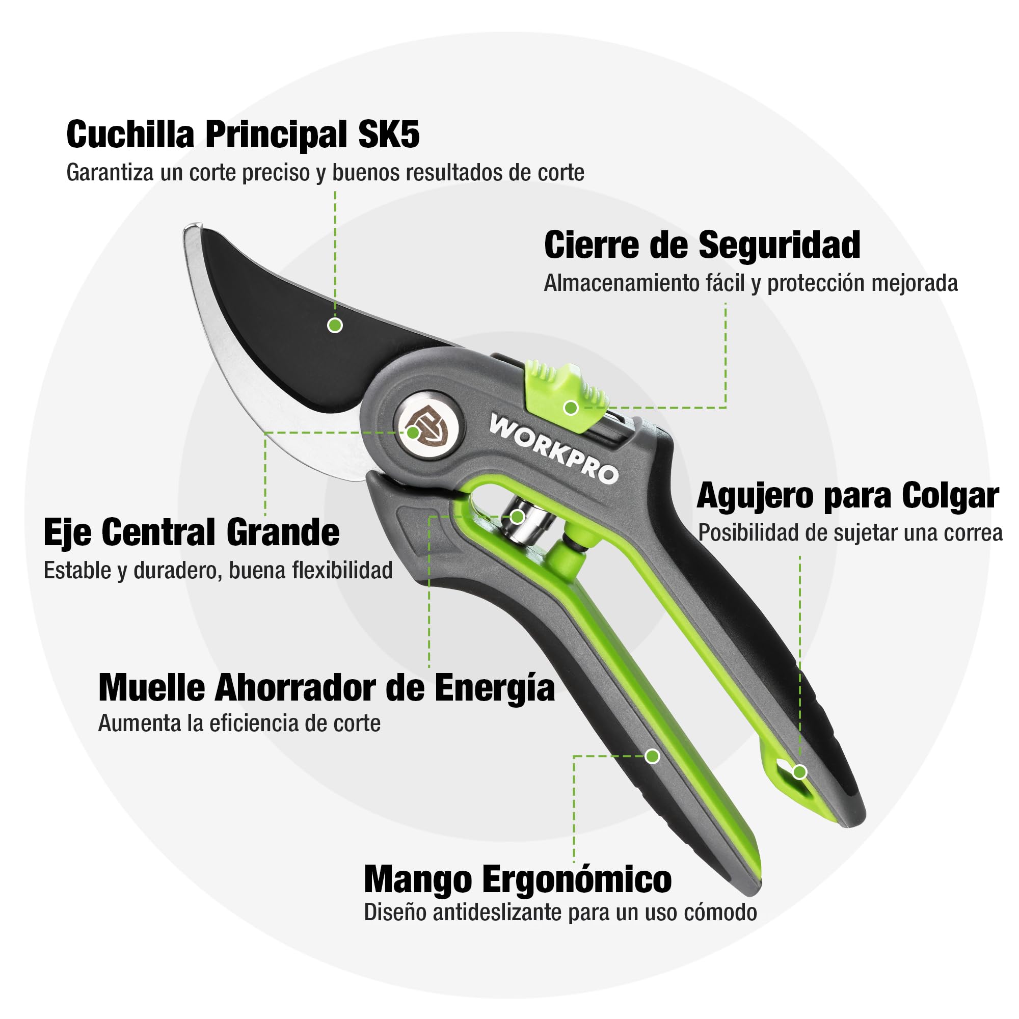 WORKPRO Tijera de Podar 210mm, Tijeras de Podar Bypass Profesionales con Hoja SK5, Tijeras Curva Corte de 19mm, Herramienta de Jardín, Ideal para Injertar, Podar, Tijeras de Podar para Jardinería